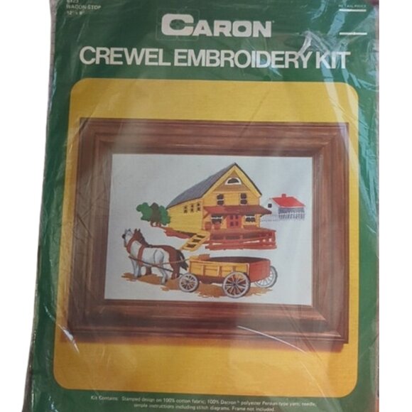 1975 Vintage Caron Crewel Embroidery Kit 6123 Wagon Stop 12"x9" - New in package - Picture 1 of 5